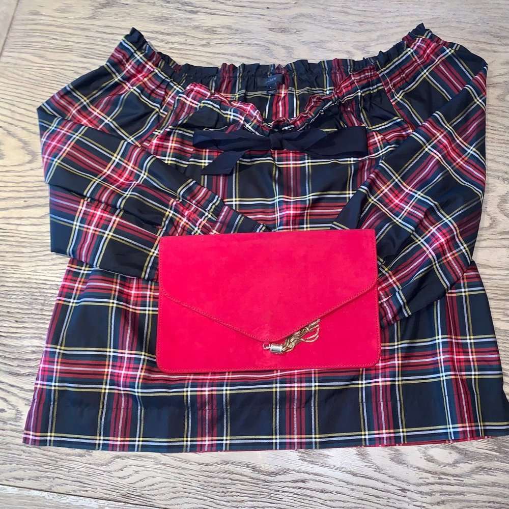 J Crew Plaid shirt with red clutch